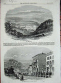 Original Old Antique Print 1856 Spa Belgium Town Houses Duke Duchess Brabant
