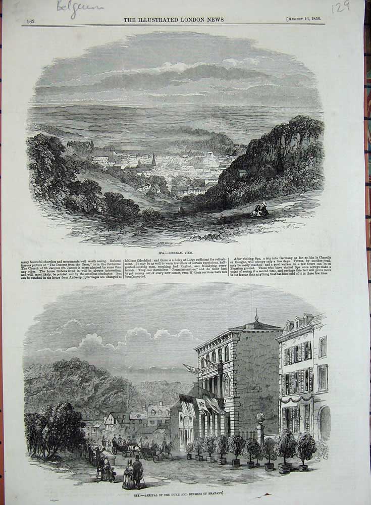 Original Old Antique Print 1856 Spa Belgium Town Houses Duke Duchess Brabant