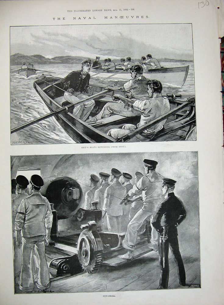 Original Old Antique Print 1894 Naval Manoeuvres Ships Boats Gun-Drill War Art