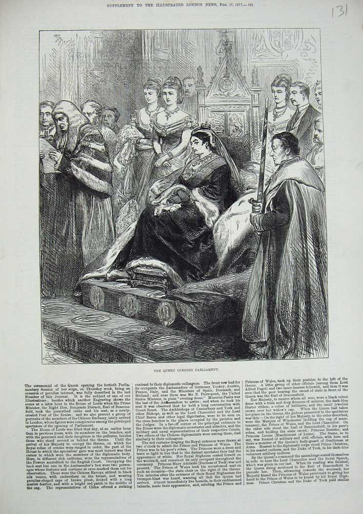 Original Old Antique Print 1877 Scene Queen Opening Parliament Throne Victorian