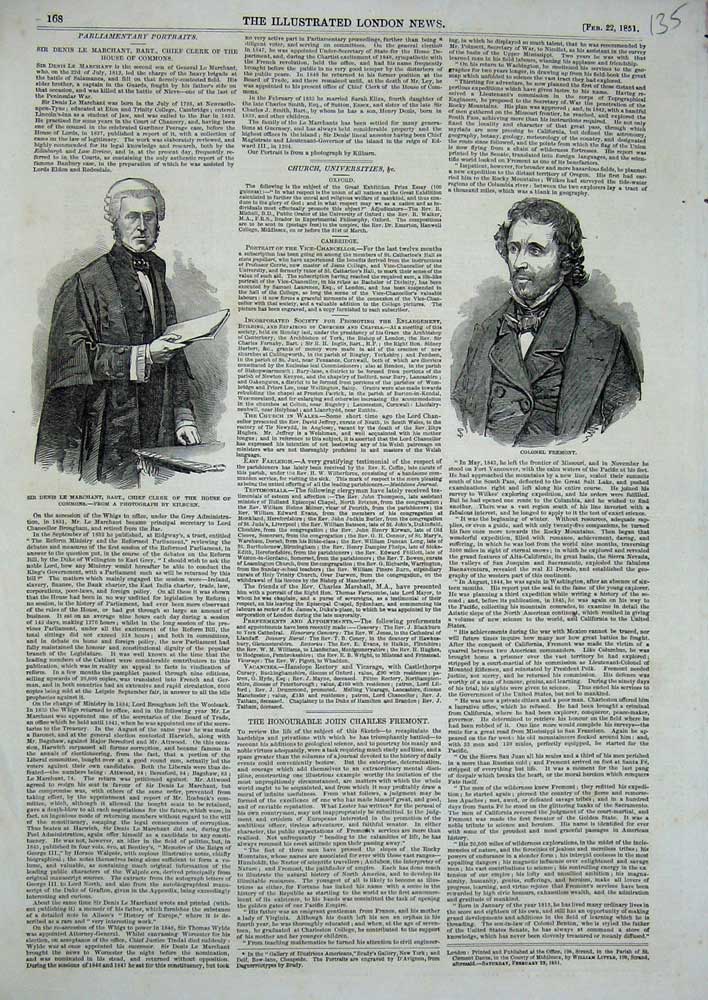 Original Old Antique Print 1851 Colonel Fremont Denis Le Marchant Clerk Commons