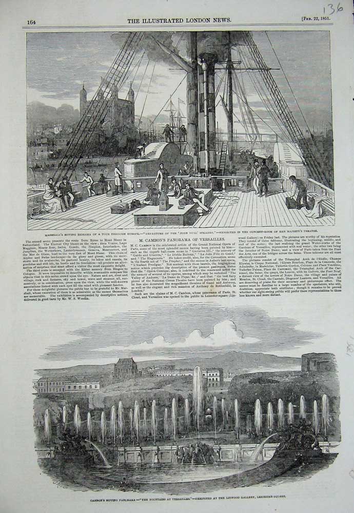 Old Antique Print 1851 Theatre Fountain Versailles Linwood John Bull Ship 19th