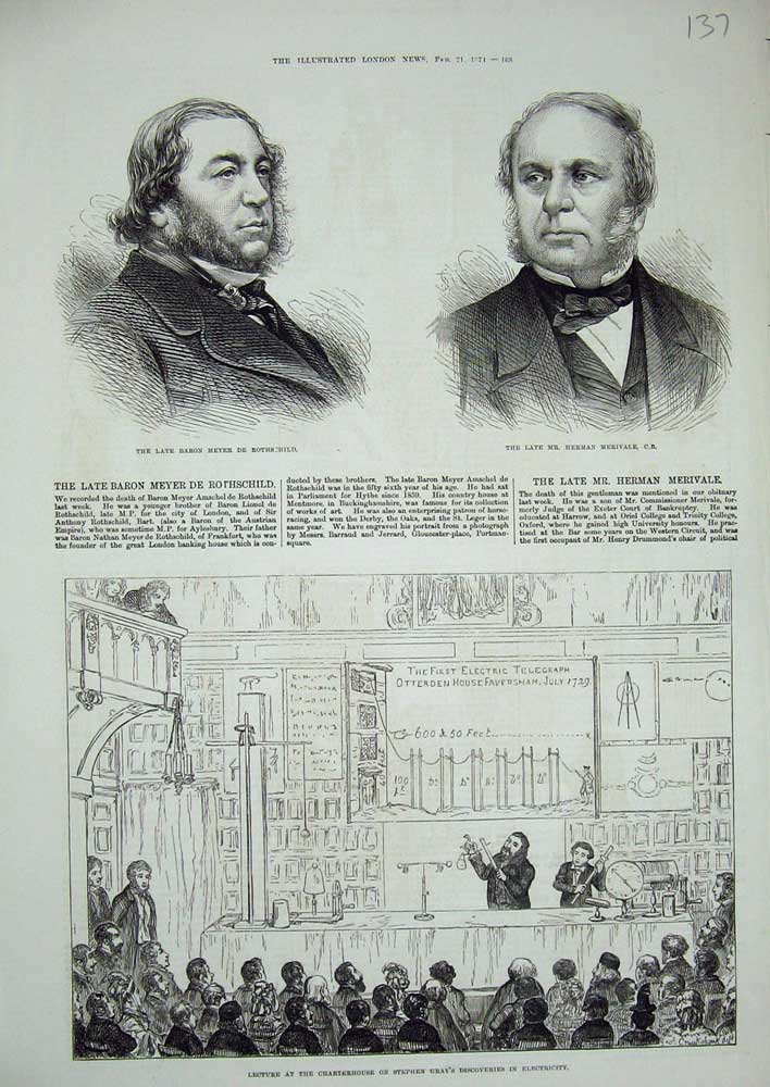 Old Antique Print 1871 Charterhouse Gray Electricity Rothschild Merivale 19th