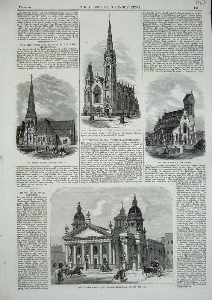Original Old Antique Print 1865 Church Dublin Walworth Whitfield Chapel Parish