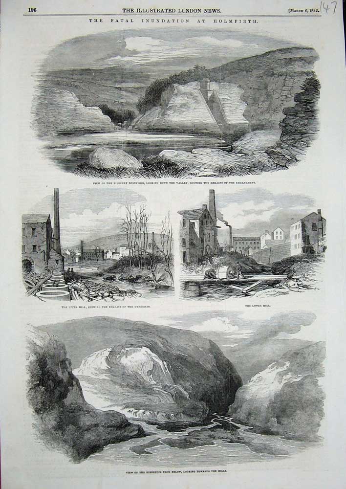 Original Old Antique Print 1852 Holmfirth Reservoir Dye-House Bilberry Floods