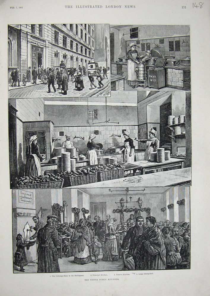 Old Antique Print 1891 Vienna Public Kitchens Hechtgasse Cooking Dining 19th