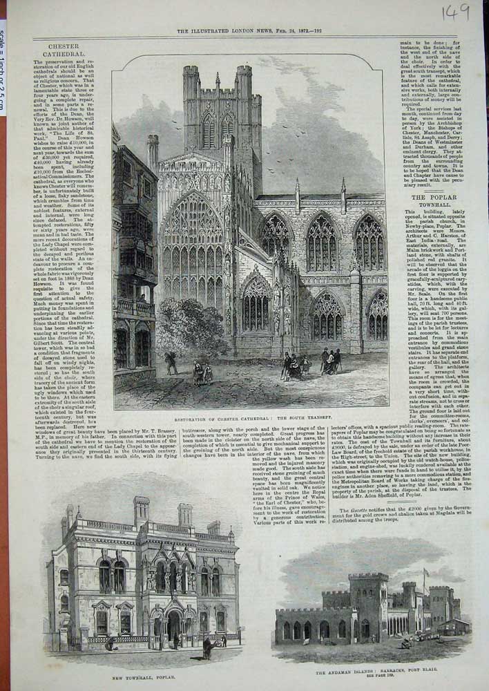 Old Antique Print 1872 Chester Cathedral Townhall Poplar Andaman Barracks 19th
