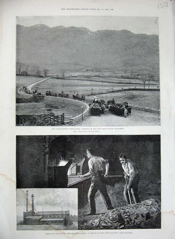 Old Antique Print 1894 Manchester Waterworks Livet Factory Halifax Fire 19th