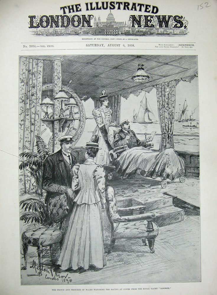 Original Old Antique Print 1898 Princess Wales Racing Cowes Royal Yacht Osborne