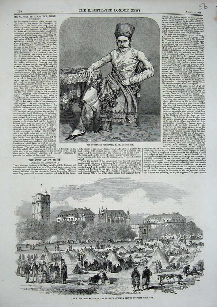 Old Antique Print Sir Cursetjee Jamsetjee Bombay 1859 Paris Champ St Maur 19th