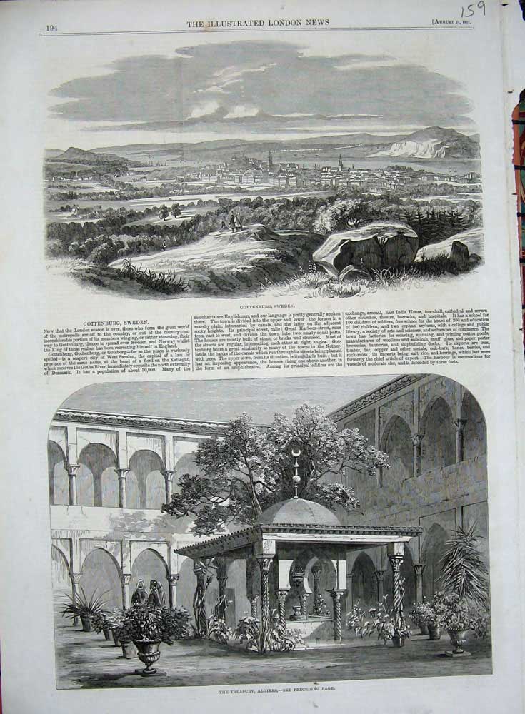 Original Old Antique Print 1861 Gottenberg Sweden Treasury Algiers Trees Town