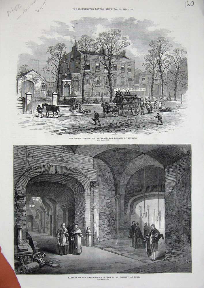 Original Old Antique Print 1872 Brown Institution Vauxhall Narthex Church Rome