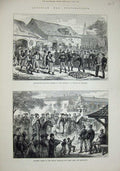 Original Old Antique Print 1877 Austrian War Honveds Hussar Barracks Hungary