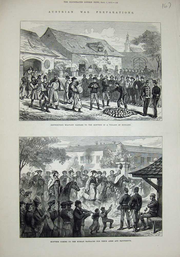 Original Old Antique Print 1877 Austrian War Honveds Hussar Barracks Hungary