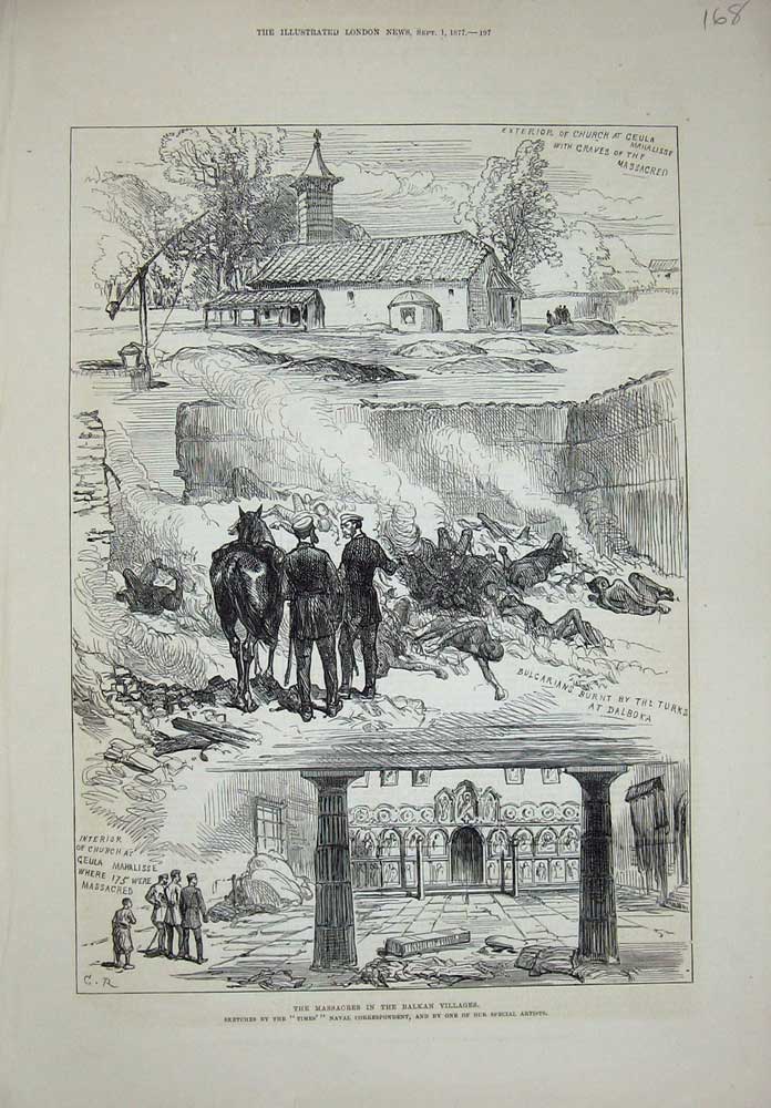 Old Antique Print 1877 Massacres Balkan Villages Church Geula Mahalisse 19th