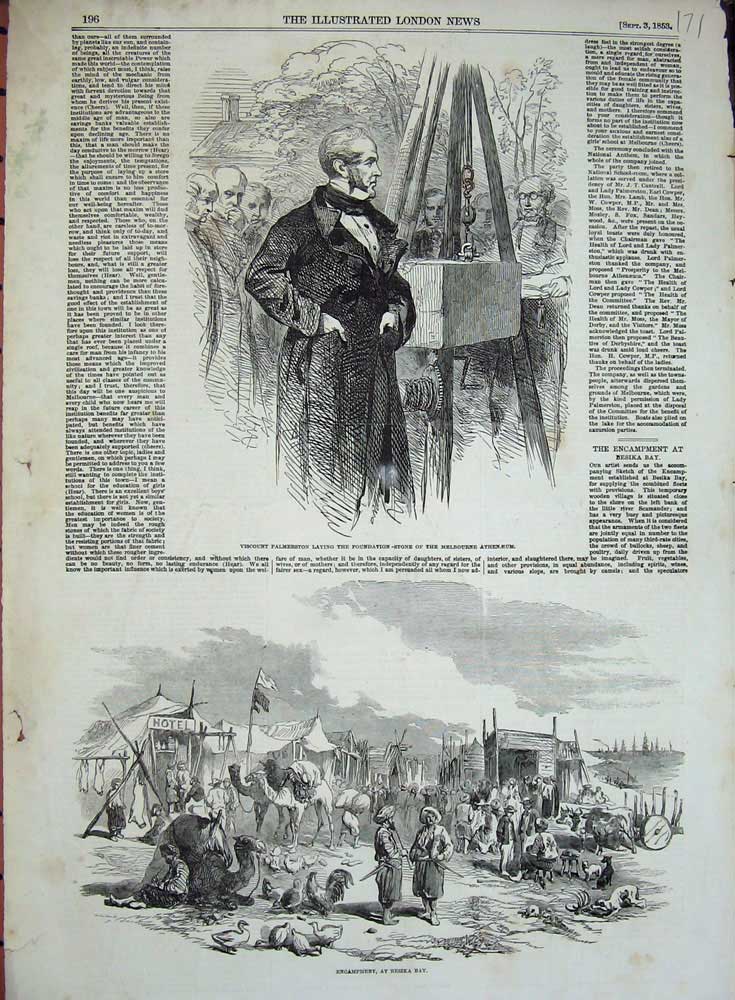 Original Old Antique Print 1853 Palmerston Melbourne Athenaeum Besika Bay Camp