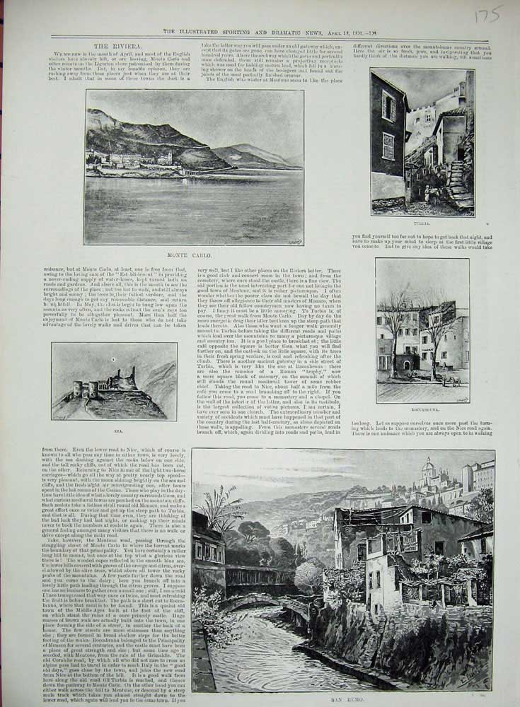 Old Antique Print 1891 Monte Carlo Eza San Remo Riviera Roccabruna Turlia 19th