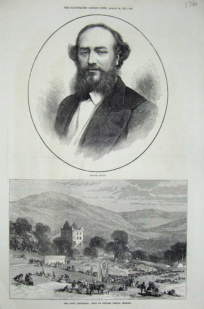 Old Antique Print 1871 Signor Mario Newark Castle Selkirk Scott Centenary 19th