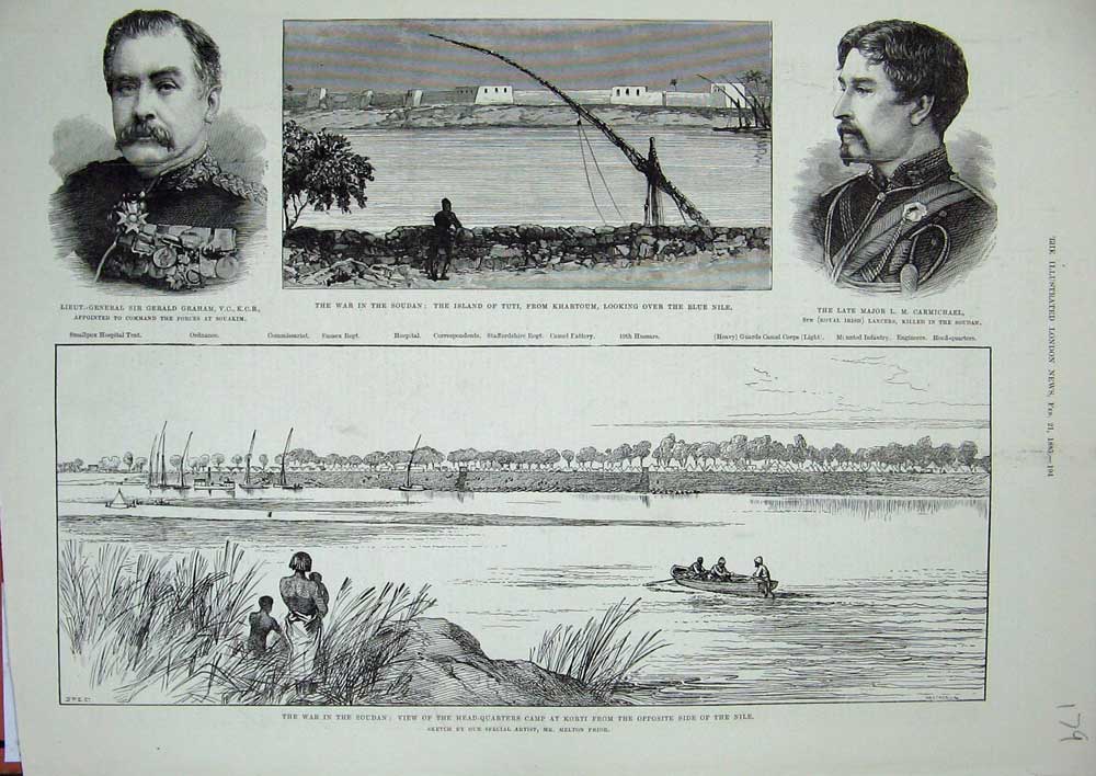 Old Antique Print War Soudan 1885 Graham Carmichael Tuti Khartoum Korti 19th