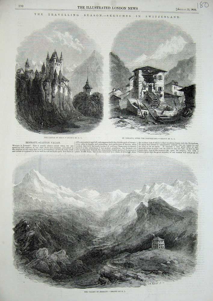 Old Antique Print Switzerland 1856 Valley Zermatt Castle Thun St Niklaus 19th