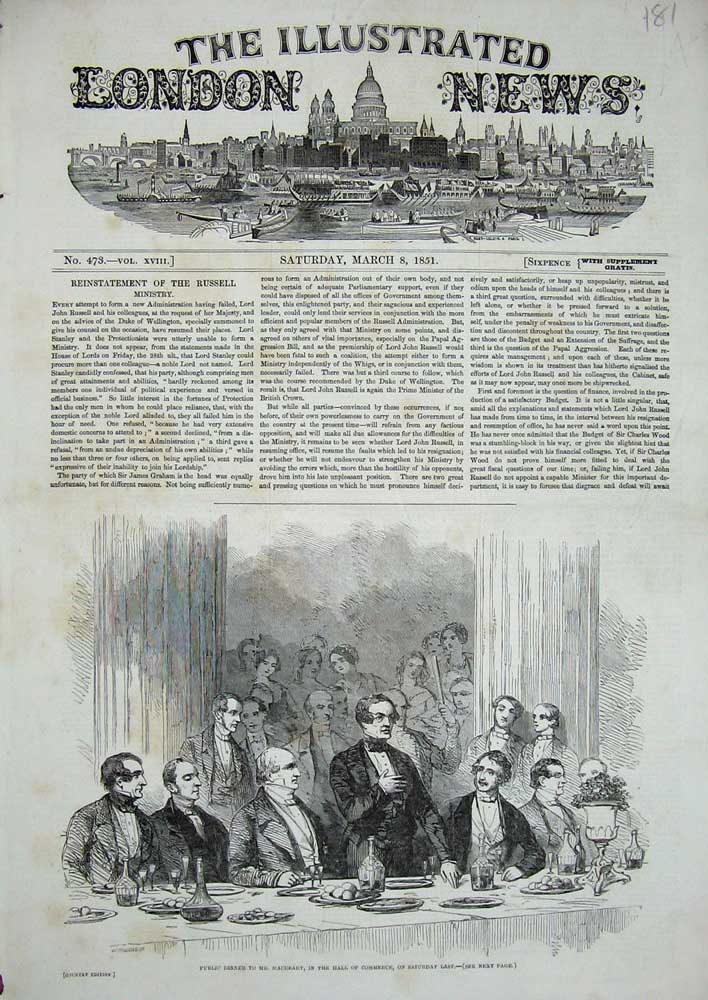 Old Antique Print 1851 Public Dinner Mr Macready Hall Commerce Table Men 19th