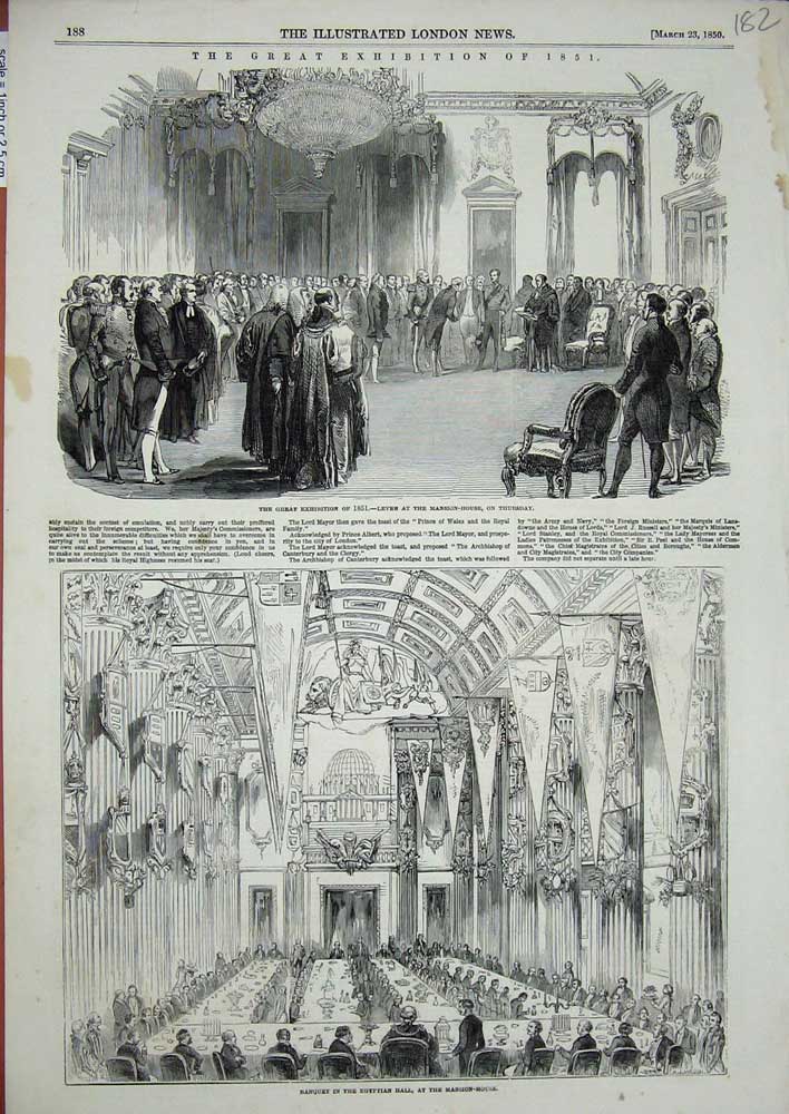 Original Old Antique Print 1850 Banquet Egyptian Hall Mansion House Exhibition