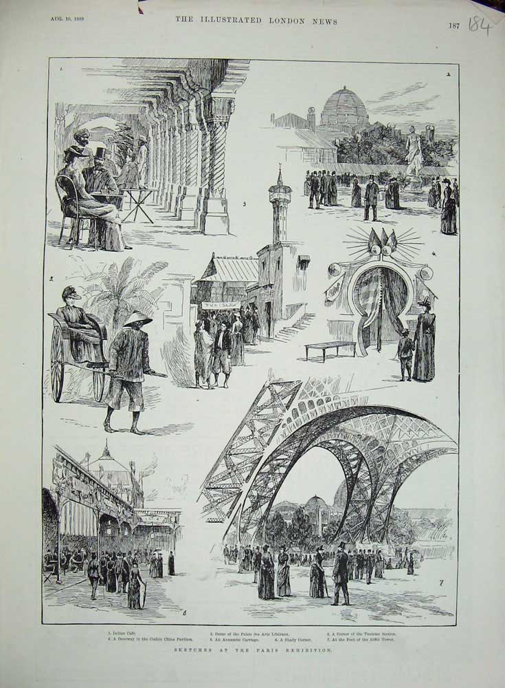 Old Antique Print 1889 Paris Eiffel Tower Annamite Carriage Indian CafÇ 19th
