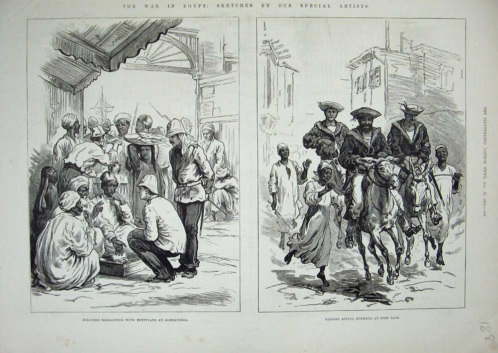 Original Old Antique Print War Egypt 1882 Port Said Donkeys Siers Egyptians