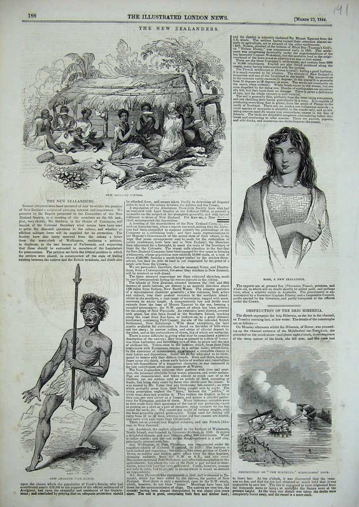 Old Antique Print 1844 Zealand War Dance Rose Ship Hibernia Middlesbro' 19th