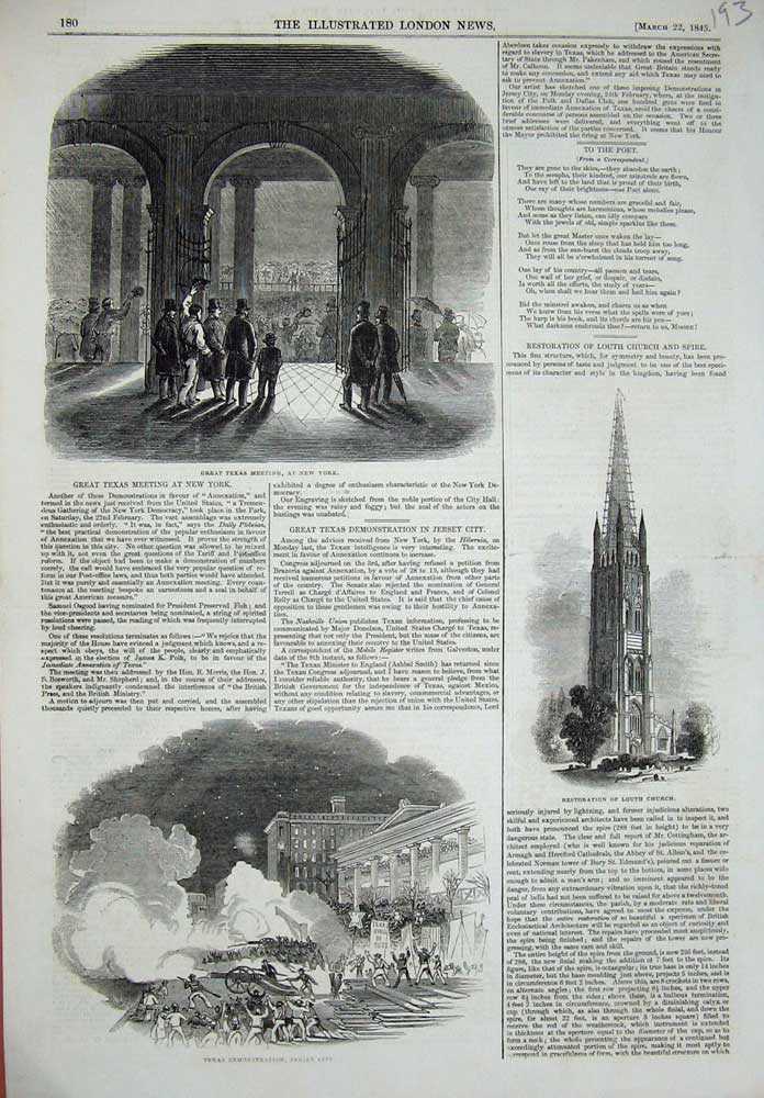 Original Old Antique Print 1845 Louth Church Texas Jersey City New York Riots