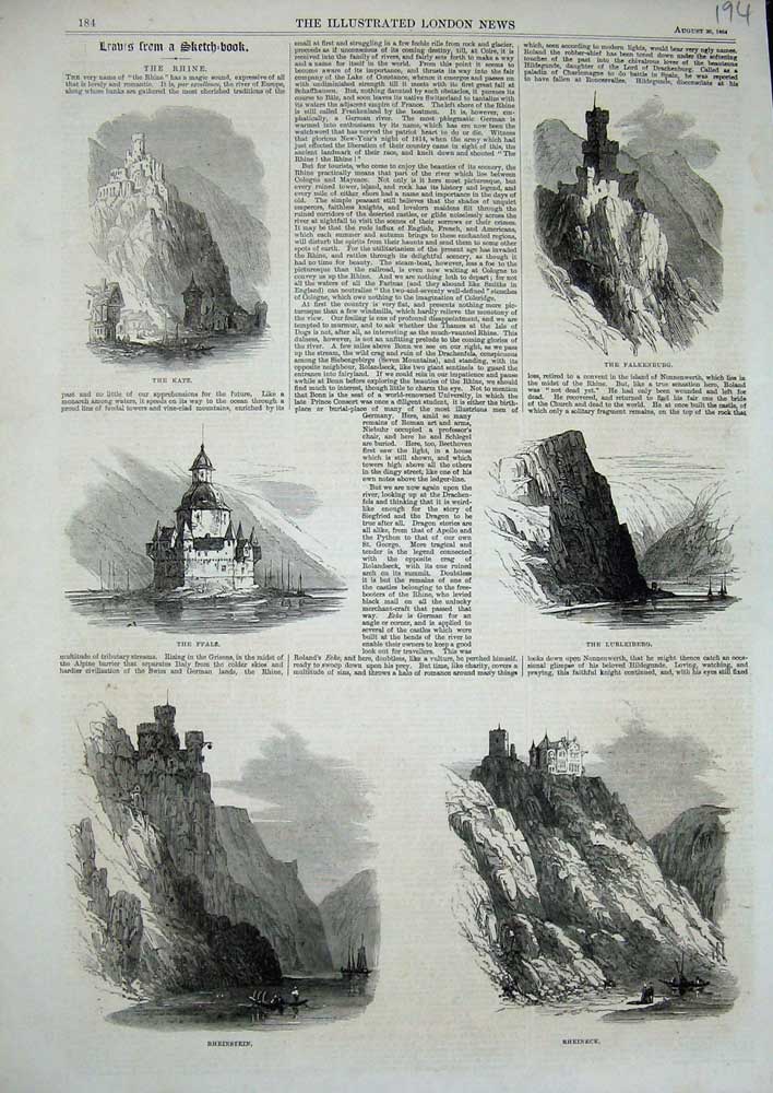 Original Old Antique Print 1864 Rhine Katz Falkenburg Pfalz Rheineck Rheinstein