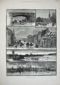 Old Antique Print 1883 Floods Salisbury Church Thoroughfake Crane Horses 19th