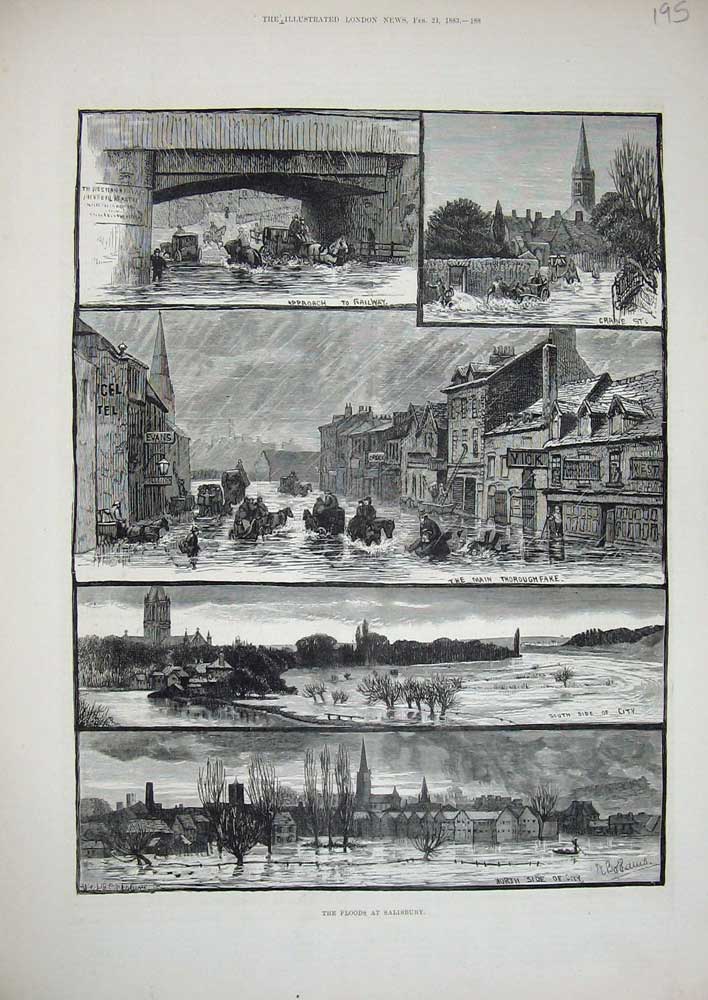 Old Antique Print 1883 Floods Salisbury Church Thoroughfake Crane Horses 19th