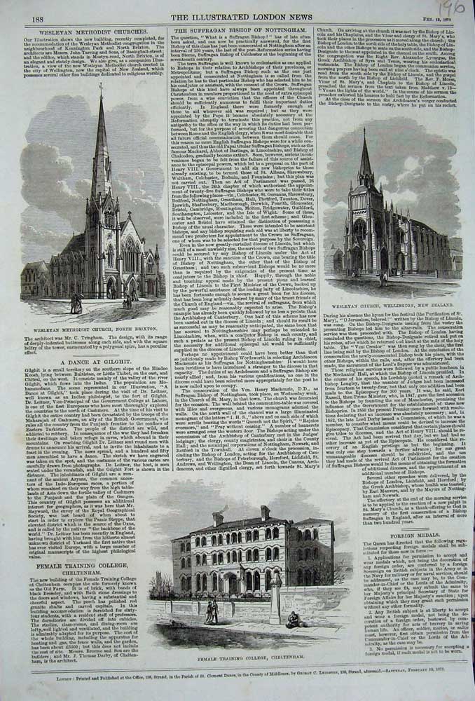 Old Antique Print 1870 Wesleyan Church Brixton Wellington College Female 19th