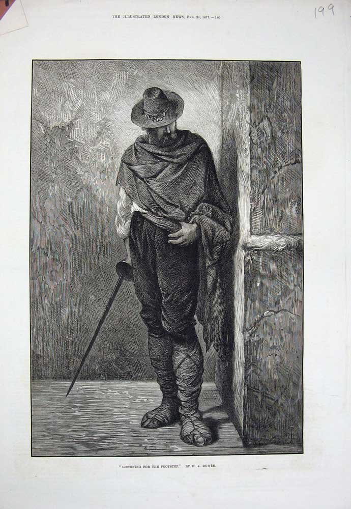 Original Old Antique Print 1877 Man Cape Hat Sword Cloth Boots Duwee Fine Art