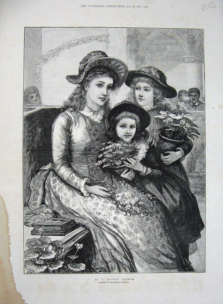 Original Old Antique Print 1887 Flower Sermon Church Woman Little Girls Pots