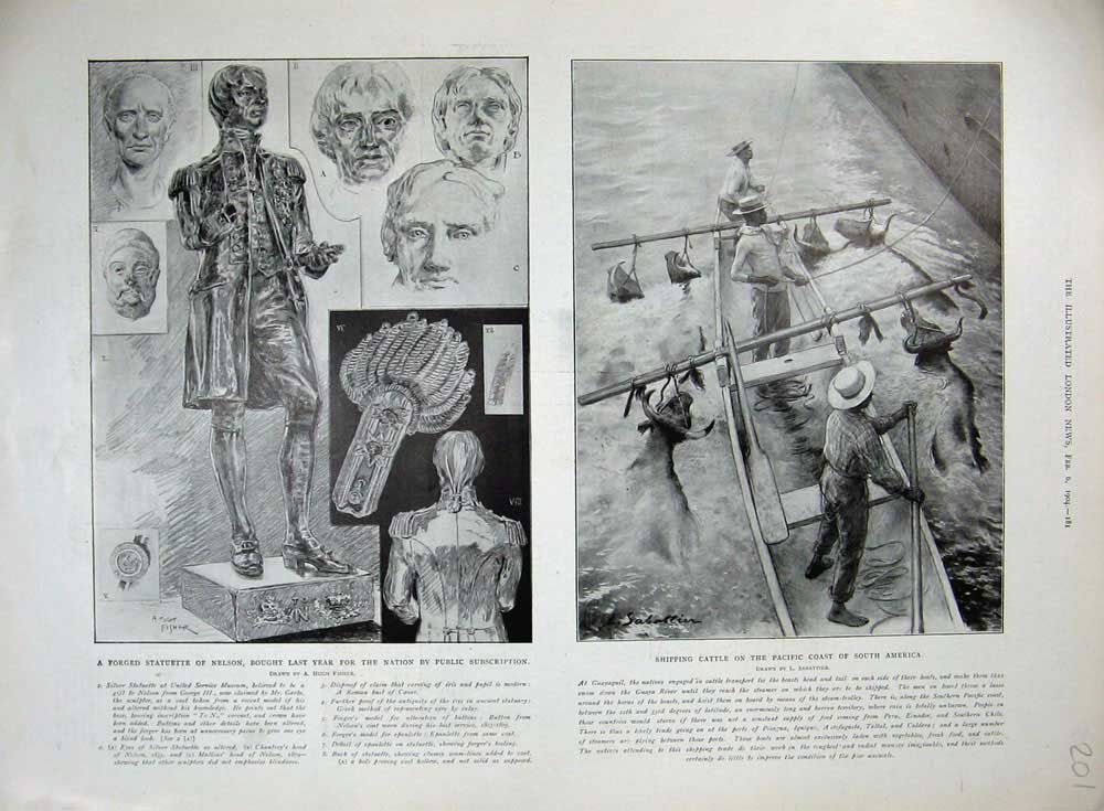 Original Old Antique Print Forges Statuette Nelson 1904 Shipping Cattle America