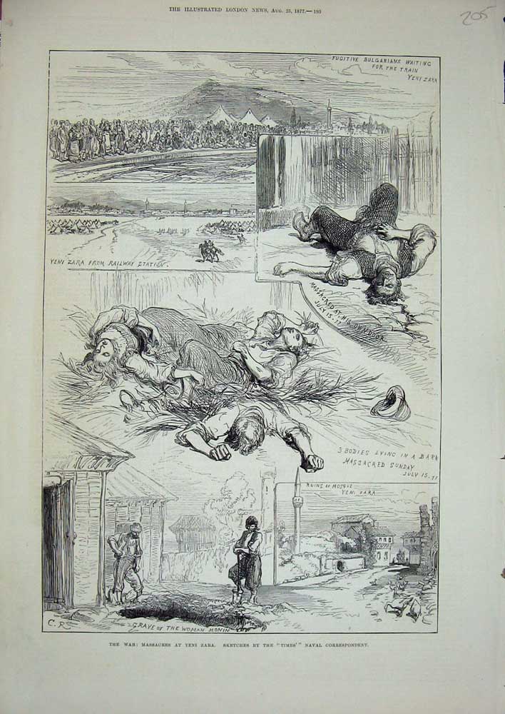 Old Antique Print War 1877 Massacres Yeni Zara Ruins Mosque Grave Monin 19th