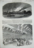 Old Antique Print 1854 Billingsgate Market Fish Fire Cubitt Works Thames 19th