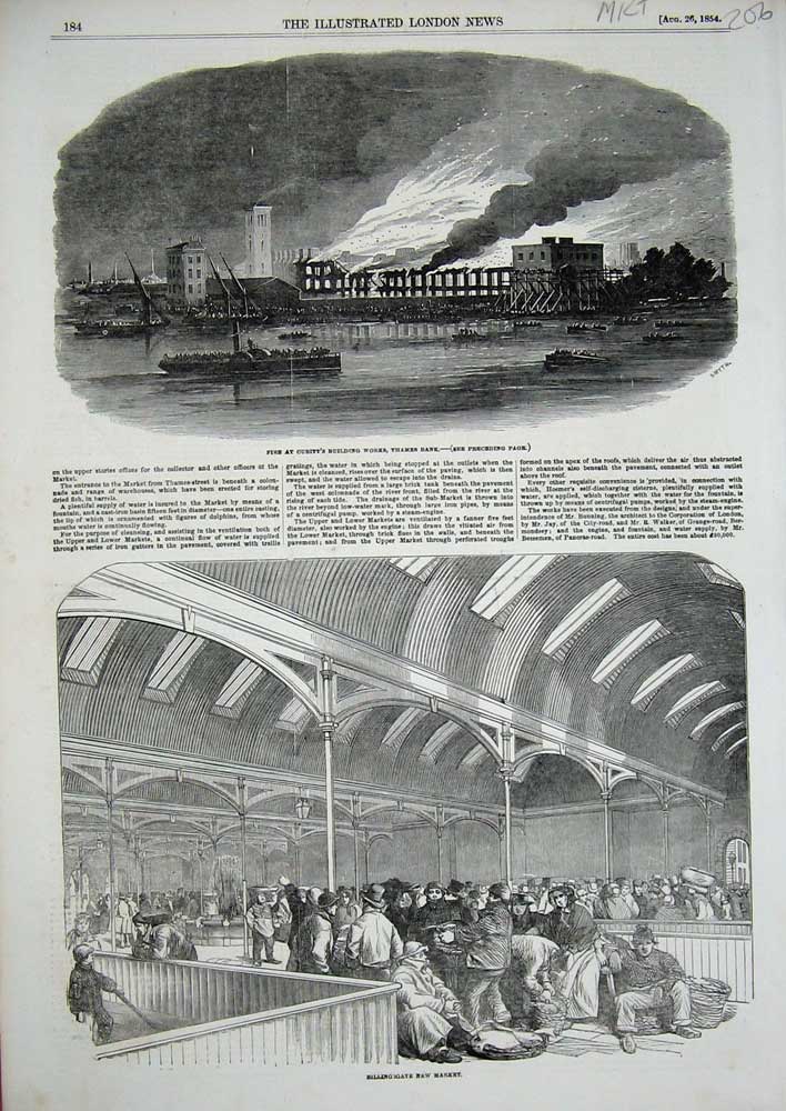 Old Antique Print 1854 Billingsgate Market Fish Fire Cubitt Works Thames 19th