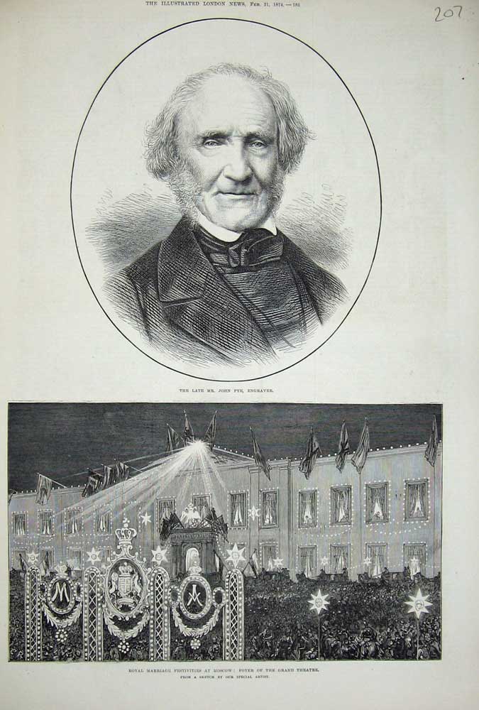 Original Old Antique Print 1874 John Pye Engraver Moscow Grand Theatre Wedding