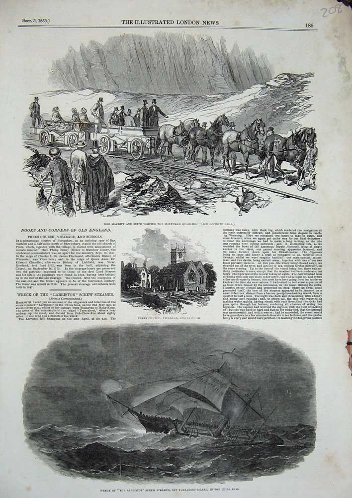 Old Antique Print 1853 Ship Wreck Larriston Church School Holyhead Quarry 19th