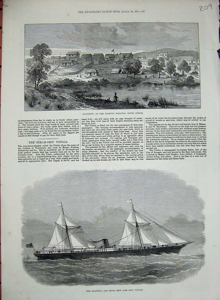 Original Old Antique Print 1872 Calcutta Ship Vibilia Klipdrift Diamond Africa