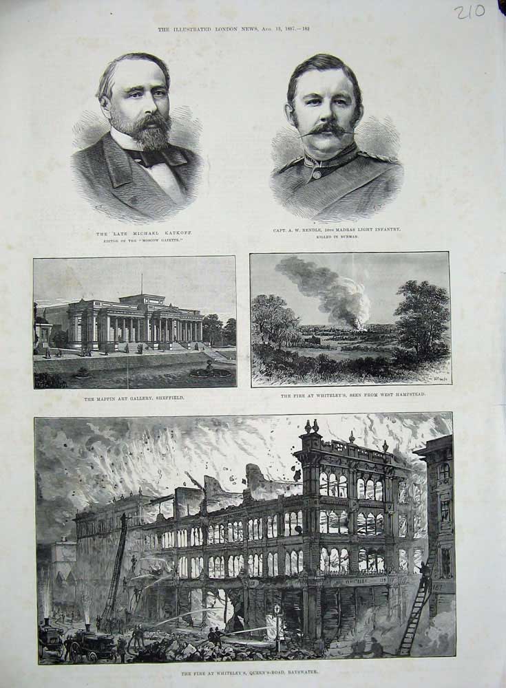 Old Antique Print 1887 Fire Whiteley'S Bayswater Sheffield Katkoff Rendle 19th