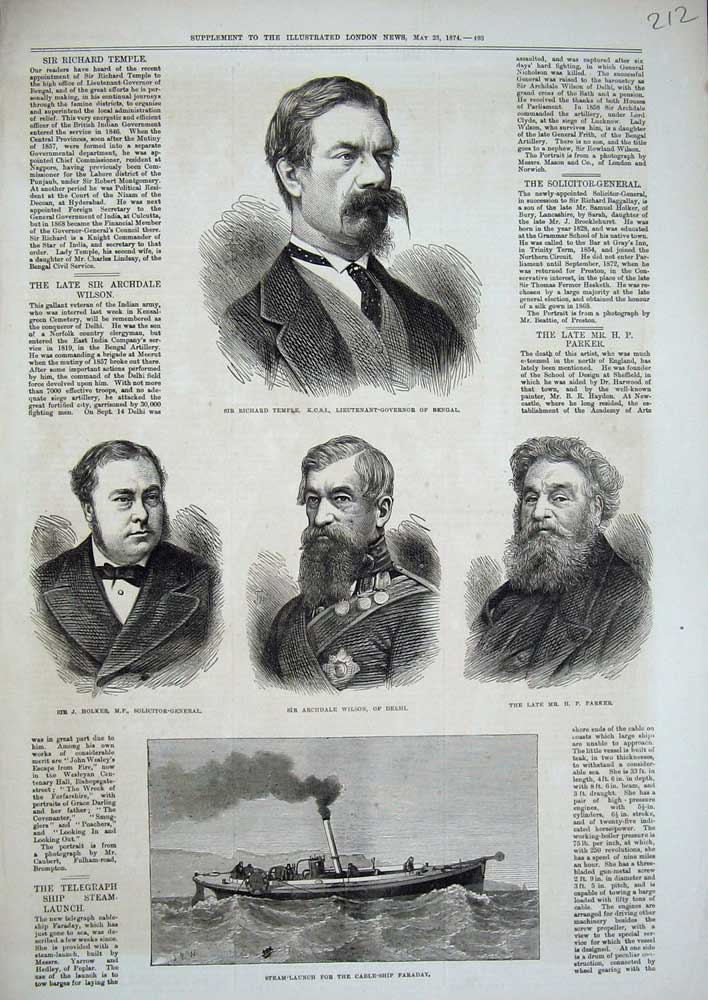 Old Antique Print 1874 Cable Ship Faraday Temple Wilson Holker Parker Men 19th
