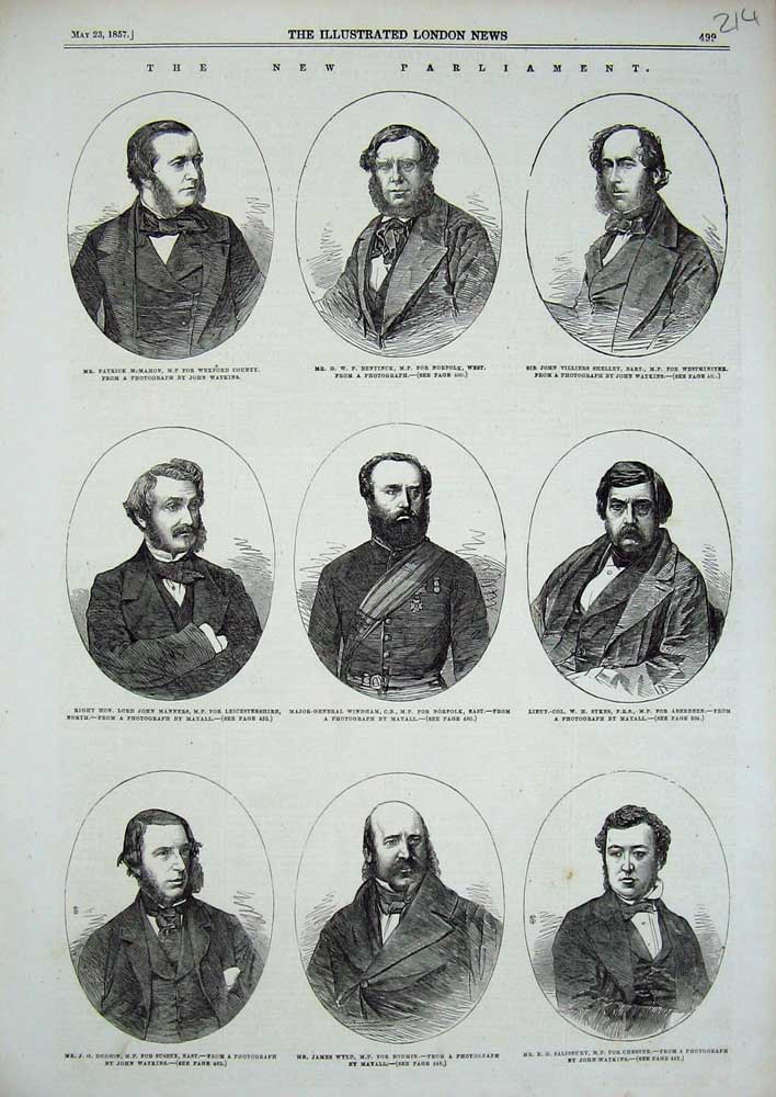 Old Antique Print 1857 Parliament Bodmin Windham Manners Bentick Shelley 19th