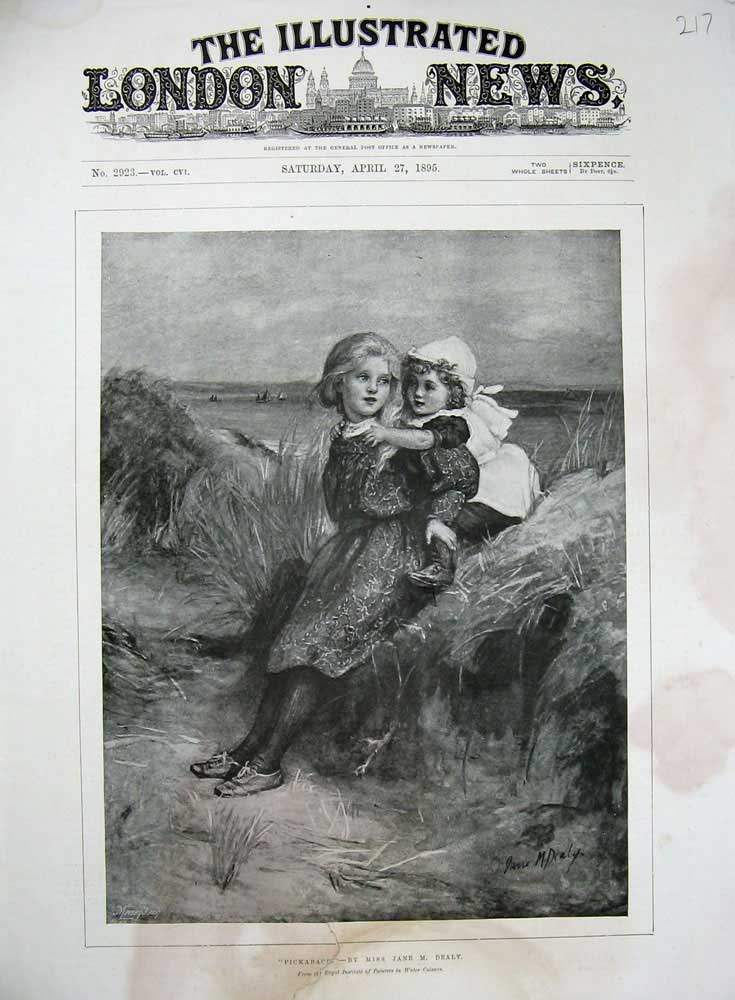 Original Old Antique Print 1895 Dealy Art Little Girls Beach Sea-Side Children
