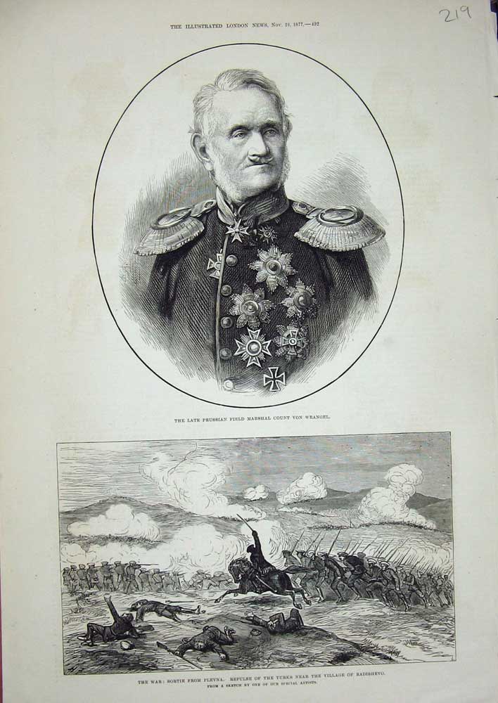 Old Antique Print 1877 Prussian Field Marshal Count Wrangel War Radishevo 19th