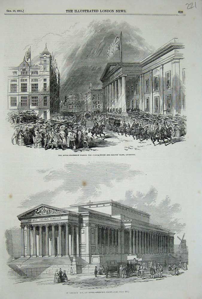 Old Antique Print 1851 Royal Procession Sailors Liverpool George'S Hall 19th