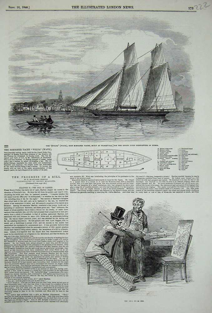 Original Old Antique Print 1848 Volna Iron Schooner Ship Yacht Duke Constantine